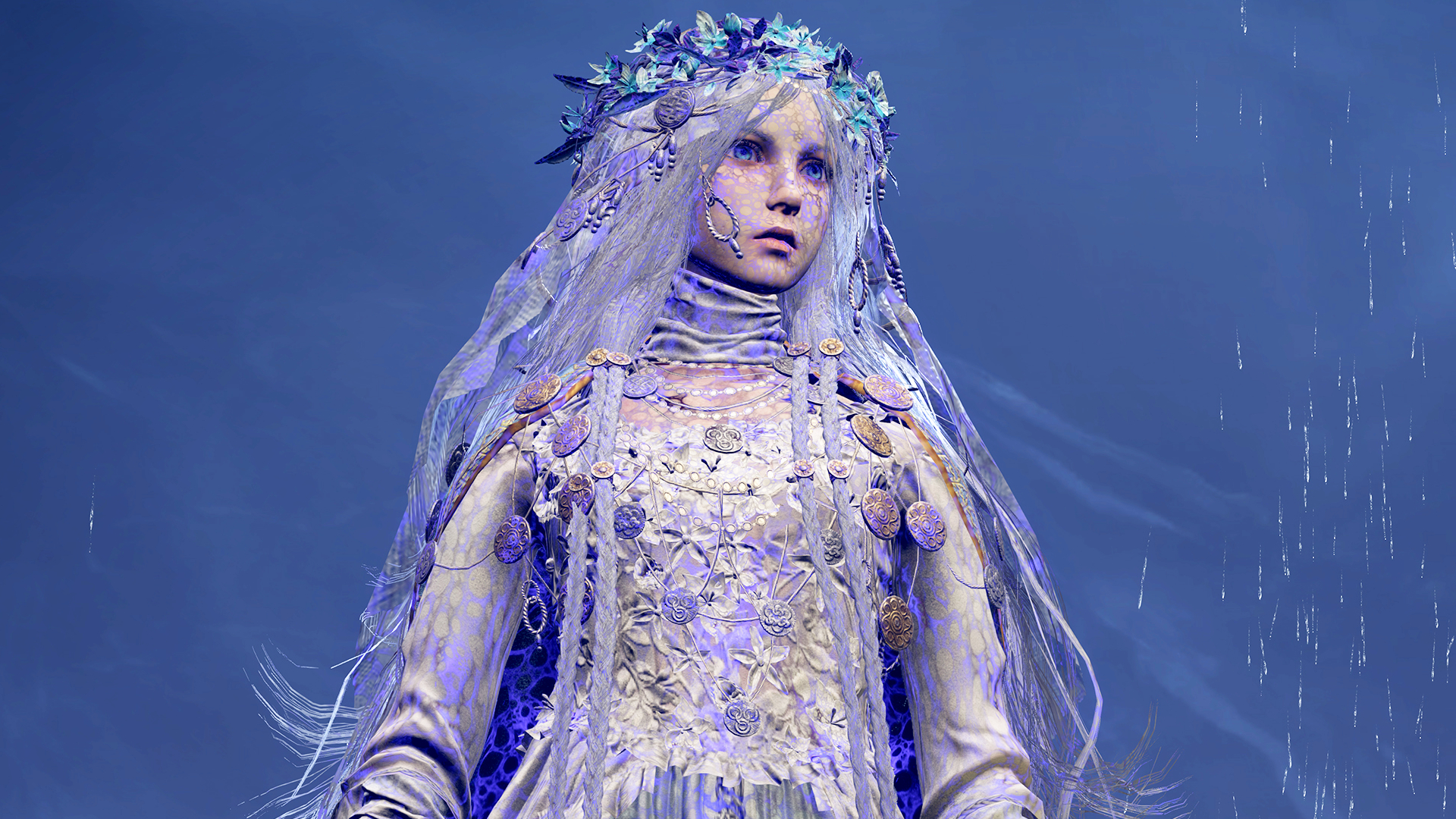 A young Elden Ring Nightreign character with long white hair standing in the rain