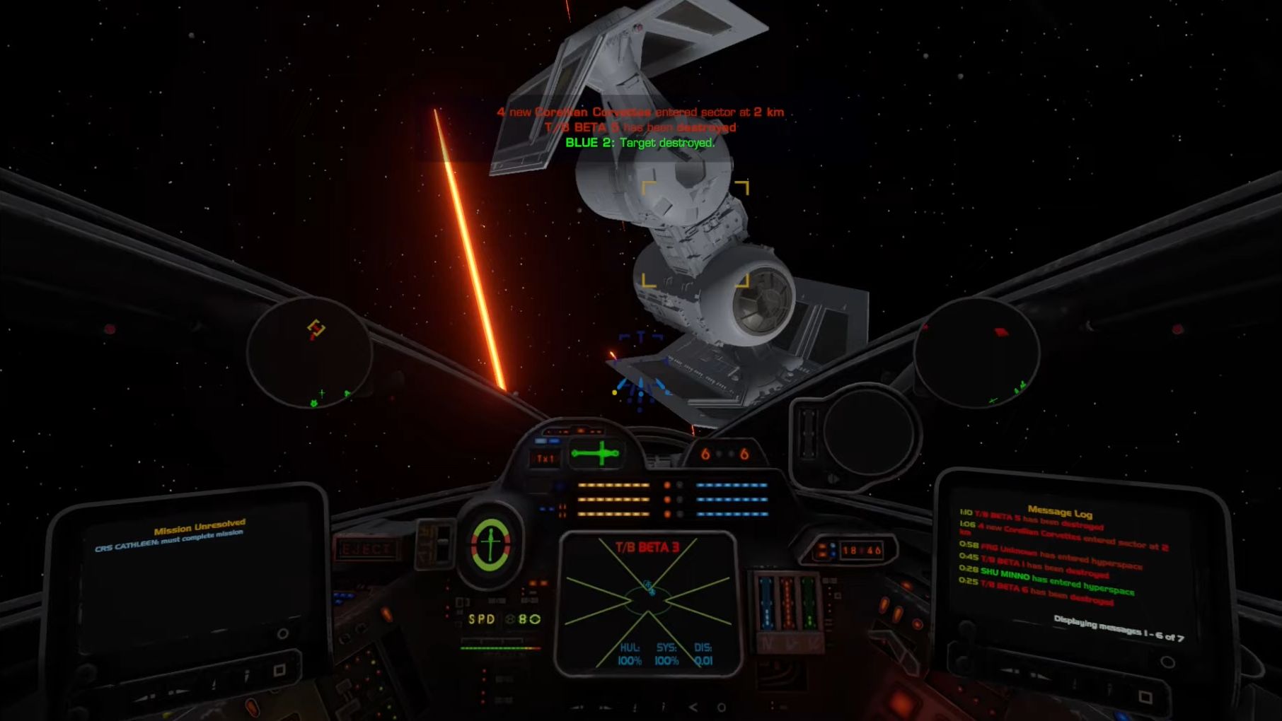 A TIE Bomber seen from the cockpit of an X-Wing in the XWVM mod