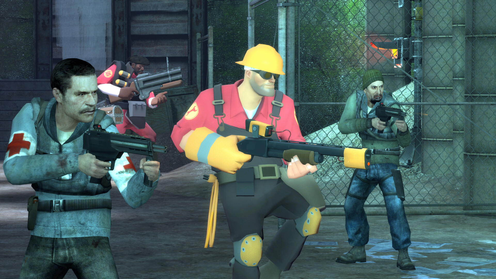 The Engineer and Demoman alongside City 17 freedom fighters