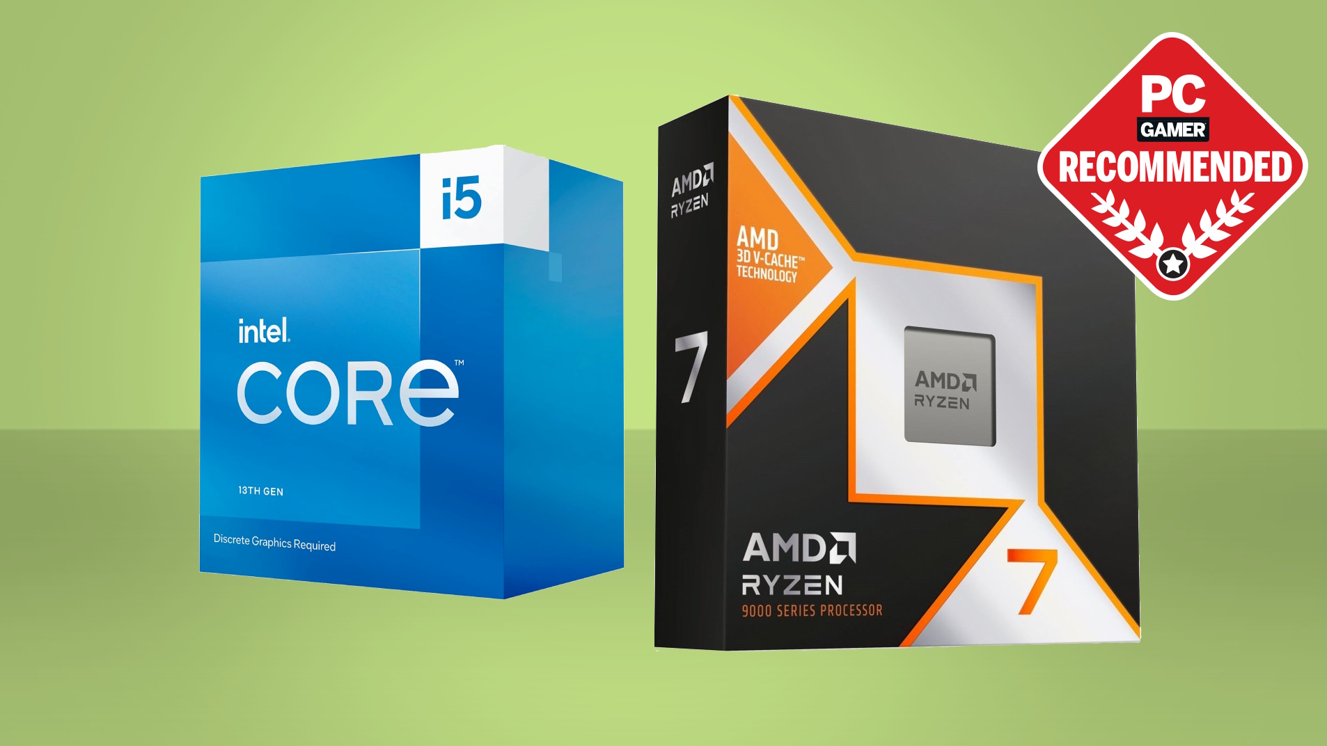 Packaging for Intel Core i5 13400F and AMD Ryzen 7 9800X3D on a green background with a PC Gamer Recommended logo