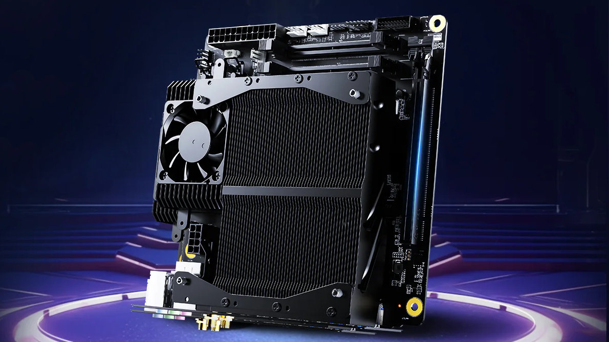 A promotional image of the Minisforum BD790i X3D embedded mini-ITX motherboard
