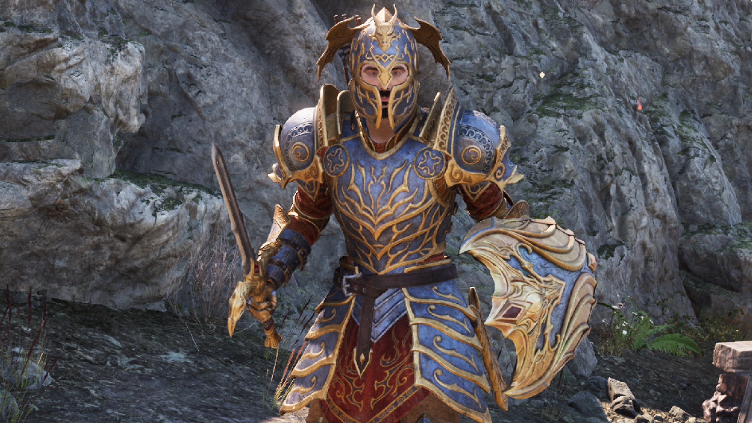 Oblivion best class - A warrior wearing ornate heavy armour and wielding a sword and shield.
