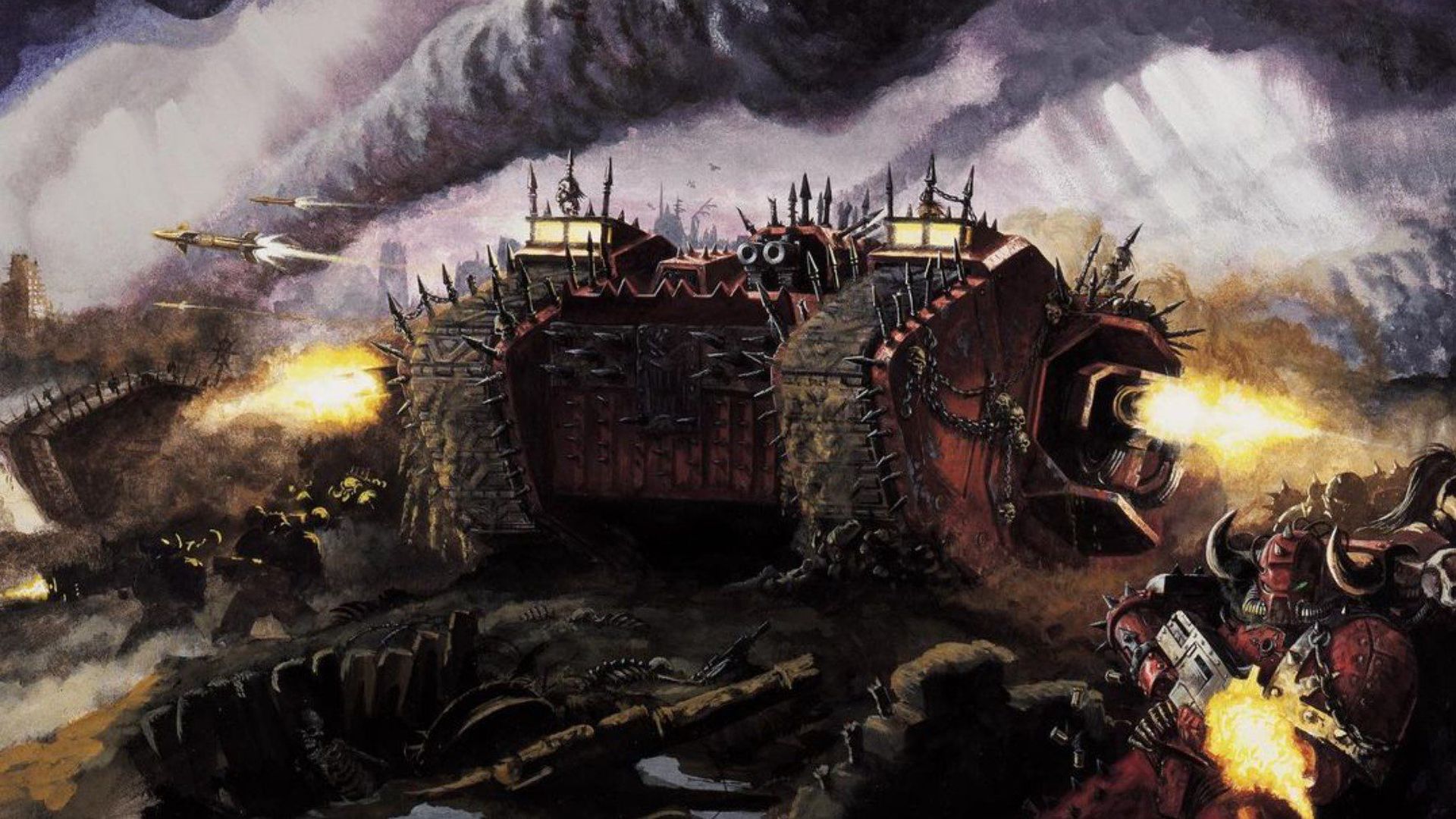 A Land Raider tank appropriated and covered in spikes by Chaos space marines.
