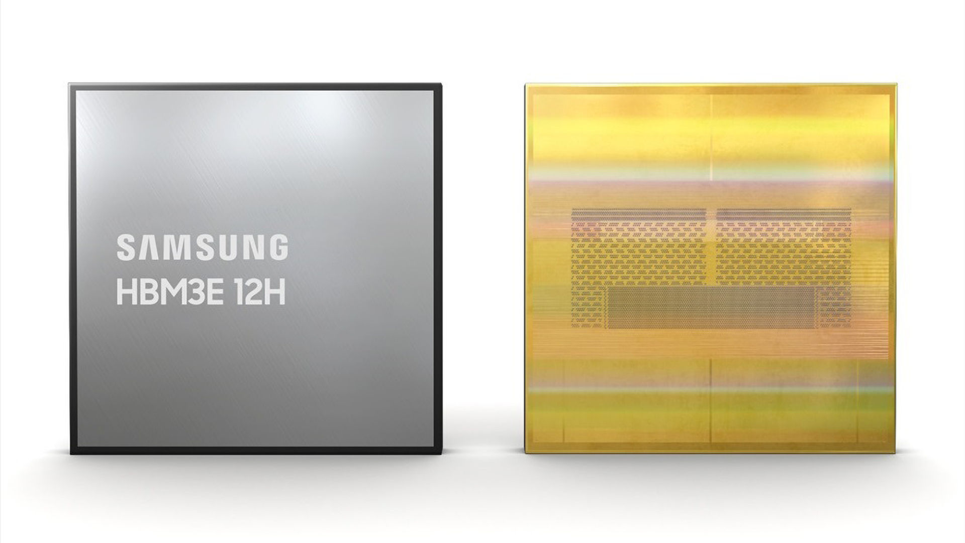 A promotional image for Samsung's latest HBM3E memory chips, showing a generic image on the left and a stylised render of the internal structure in a chip on the right