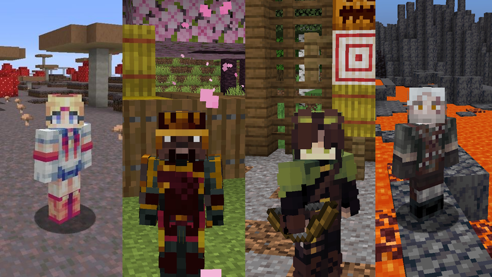 Minecraft skins - Geralt, Sailor Moon, Yasuke the samurai, and an archer all pose