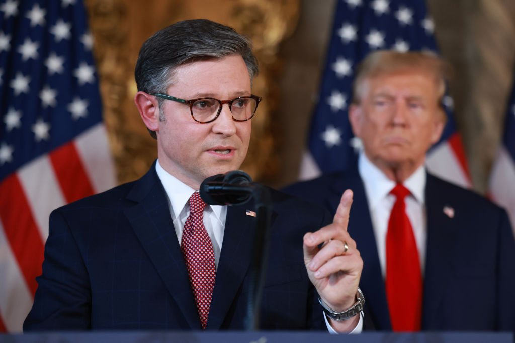 Speaker of the House Mike Johnson speaks during a press conference on April 12, 2024.