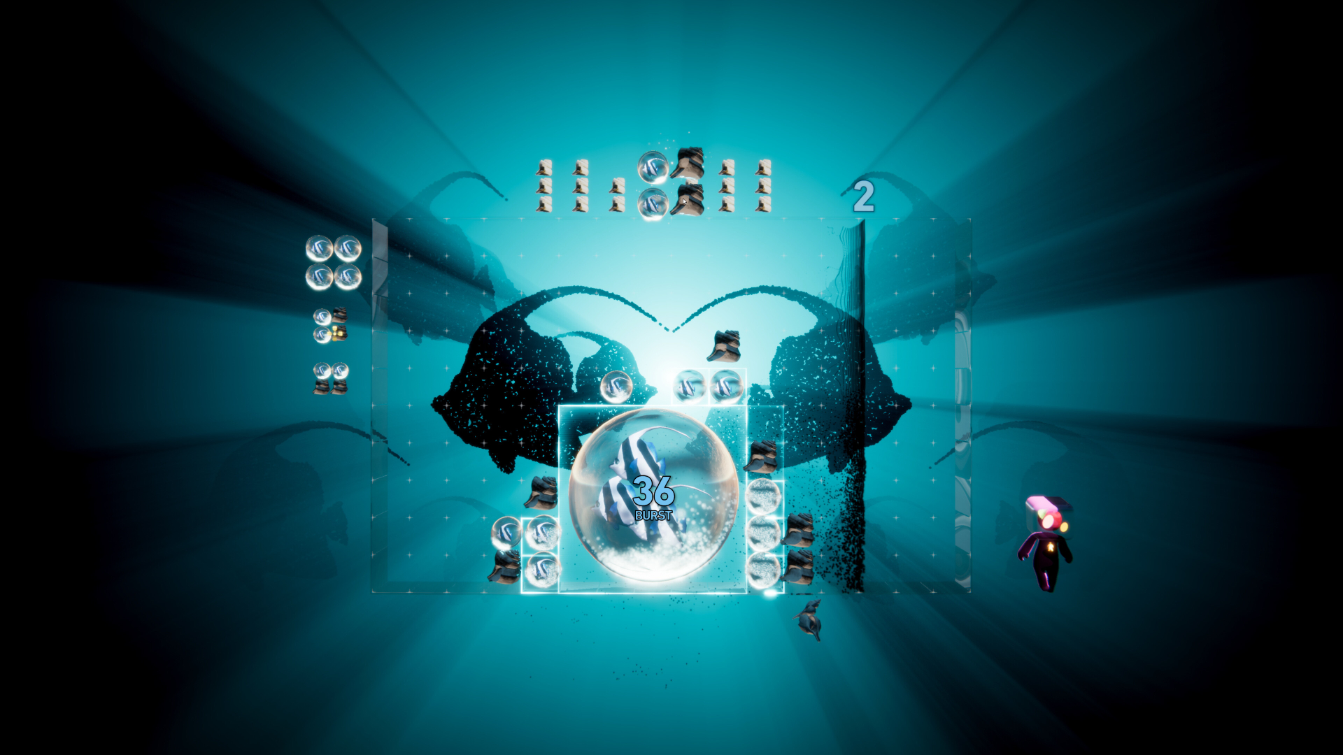 A stage in Lumines Arise with a backdrop of big fish.