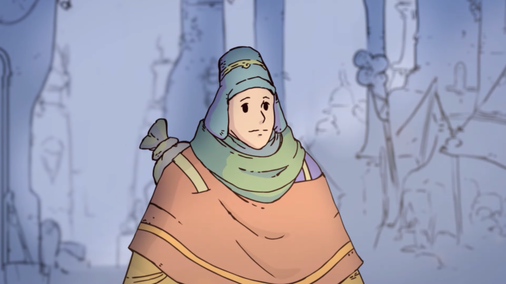 A person covered in bright clothes looks on